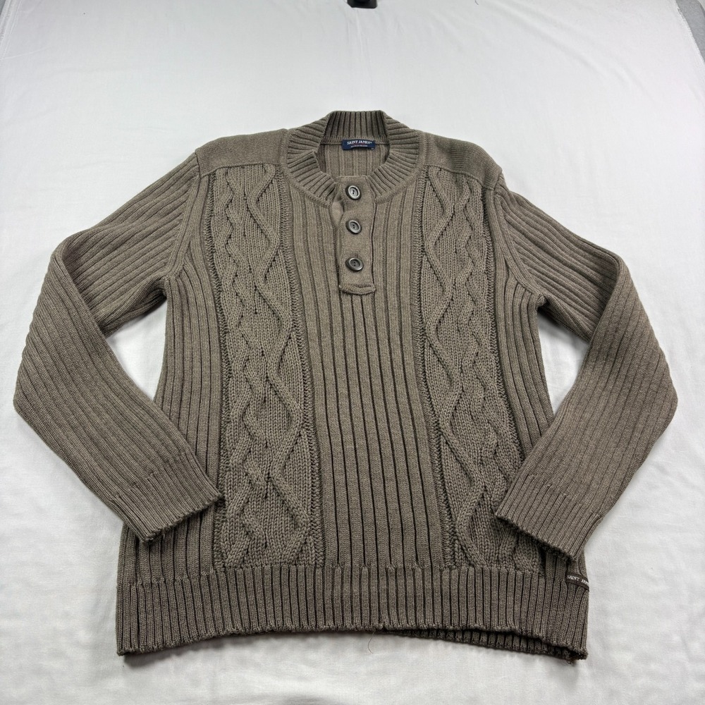 Saint James Sweater Mens Size 42 (Large) Brown Cable Knit Fisherman Wool Blend